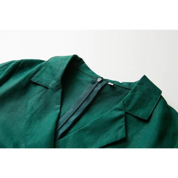 Linen Casual Wide Leg Relaxed Collar V Neck Short Sleeve Jumpsuit Zip M Green - Picture 7 of 12